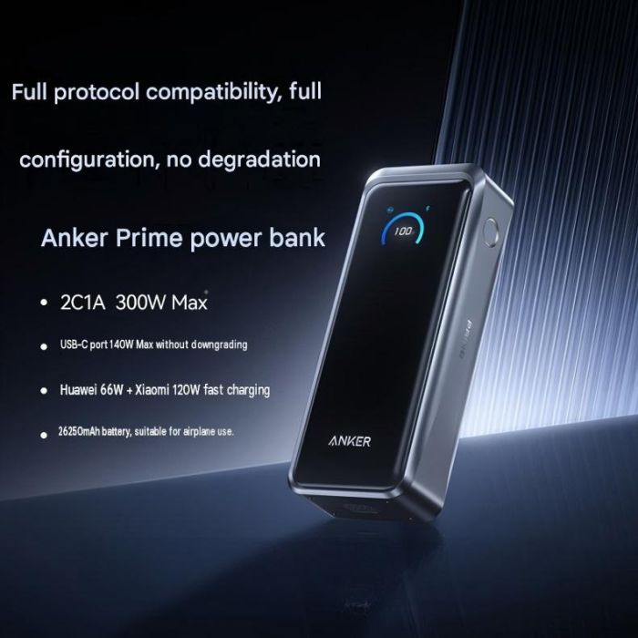 Anker Prime 300 W-os gyorstöltős külső akkumulátor (26 250 mAh-s nagy kapacitású) – Repülőgép-barát; Apple, Huawei és Xiaomi okostelefonokkal és laptopokkal kompatibilis