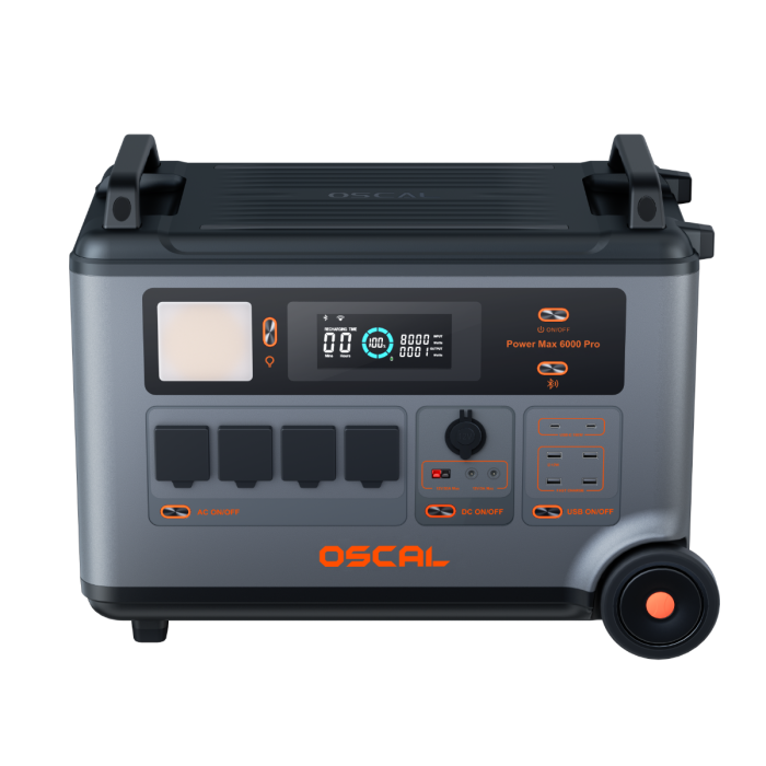 OSCAL PowerMax 6000Pro hordozható erőmű – 6000 W teljesítmény, 3600 Wh LiFePO4 akkumulátor, 3000 W max. napelemes teljesítmény és gyorstöltés