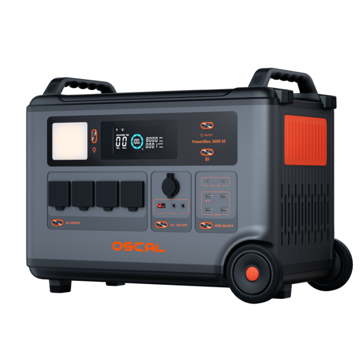 OSCAL PowerMax 3600SE hordozható erőmű – 3600 W, 3600 Wh LiFePO4 akkumulátor, napelemes gyorstöltés és intelligens alkalmazásvezérlés