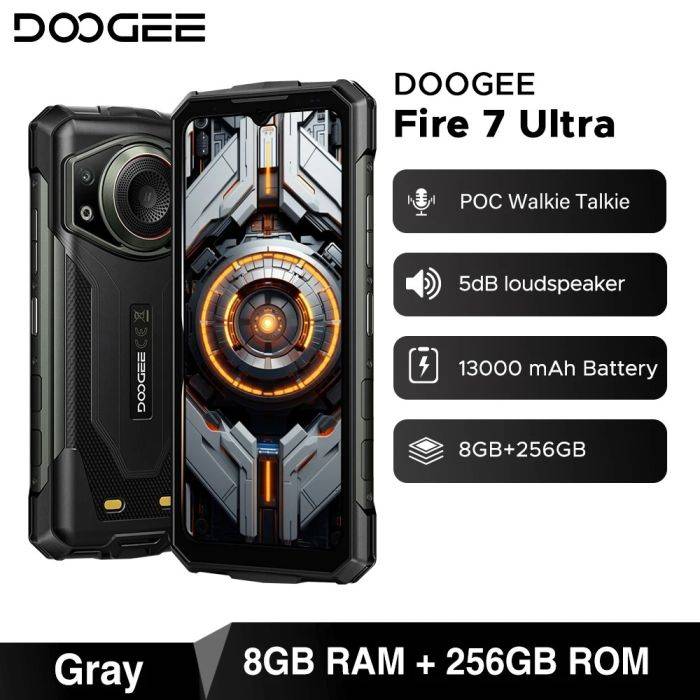 DOOGEE Fire 7 Ultra 5G strapabíró telefon, 32 GB, 256 GB, 13000 mAh akkumulátor, 6300 dB, 125 dB, hangszóró, POC, walkie-talkie, NFC