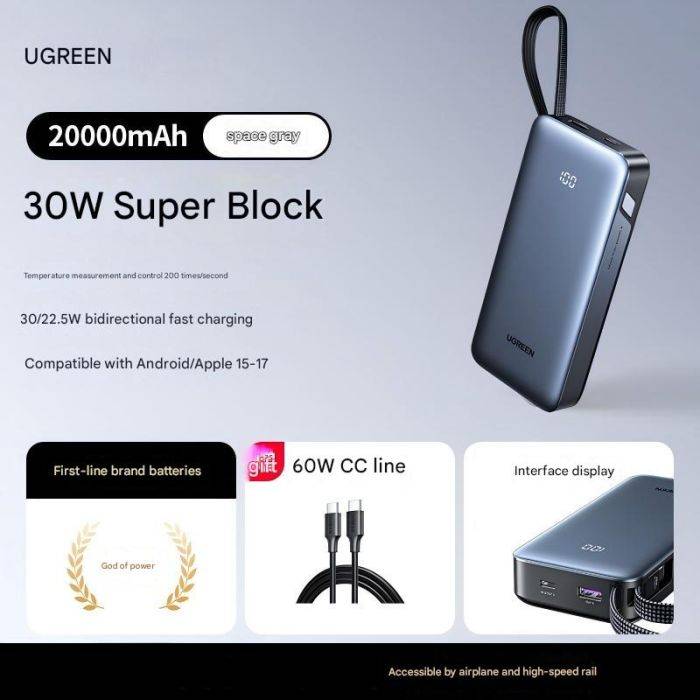 UGREEN 20000mAh külső akkumulátor beépített kábelekkel