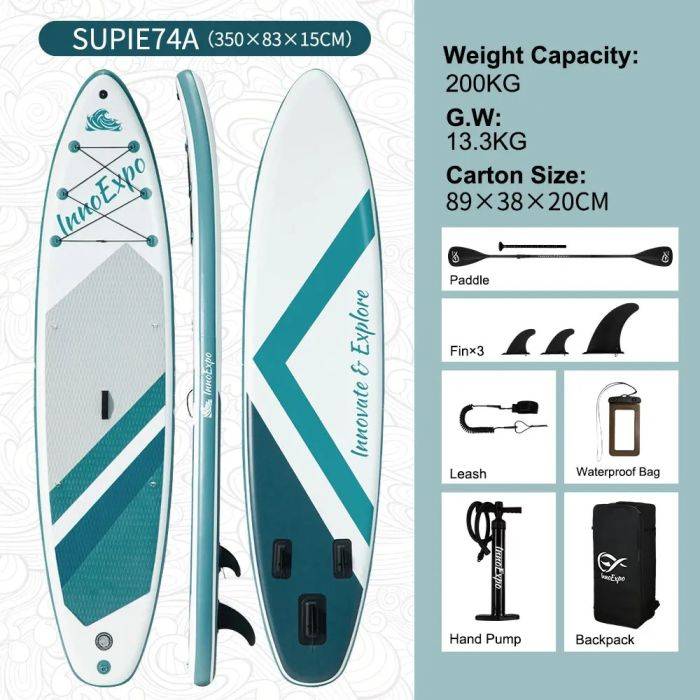[EU Direct] InnoExpo 350*83*15CM felfújható evezős deszka 200kg nagy teherbírású, extra hosszú, stabil SUP deszka felnőtteknek és családoknak, sokoldalú szörfdeszka, tökéletes óceánra, tengerre és túrázásra