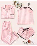 Pajamas female summer new ice silk sexy pajamas set vertical stripes short-sleeved shorts four sets of homewear