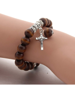 Couple Wooden Beads Elastic Cord Bracelet Alloy Cross Beads