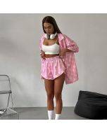 Pink printed pajamas loose satin cardigan shorts women's home clothes