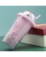 401-500ml Rainbow Bubble Straw Cup Double-layer Plastic Girly Heart Drink Bottle(Pink)