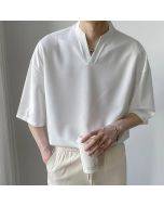 Loose Five-quarter Sleeve T-shirt With Small V-neck For Men