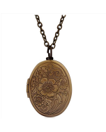 Vintage Antique Bronze Floral Pattern Engraved Oval Photo Box Necklace