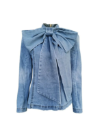 Casual Plain Denim Stand Collar Long Sleeve Bow Blouse