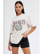 Short Sleeve Crew Neck Beige Graphic Tee