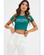 Crop Round Neck Baby Tee in Green, Short Sleeved