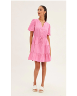 Pink Shirt Dress Short Sleeve V-Neck Tiered