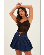 Blue Mid Rise Pleated Denim Mini Skirt