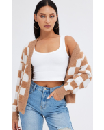 Oversized Beige Check Cardigan