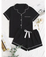 Color-blocked Tie-Front Pajama Set with Lapel