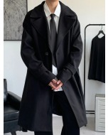 Men Lapel Collar Drop Shoulder Belted Overcoat