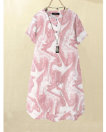 Buttoned Short Sleeve Midi Dress with Leisure Wave Pattern Print