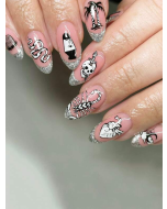 24pcs Medium-long Fun And Quirky Skull, Snake, Scorpion Patterned Glitter Almond False Nails + 1pc Jelly Glue + 1pc Nail Buffer