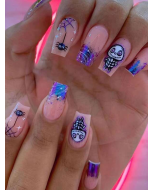 24pcs Short Square False Nails With Purple Skull & Spider Design + 1pc Jelly Glue And 1pc Nail File