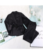 Spring and Summer Europe and the United States satin sateen cardigan belted robe pajama pants solid color home suit loose women's pajamas