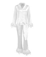 Summer Europe and the United States ice silk pajamas fashion ostrich hair shirt long pants loose two-piece feather home wear female
