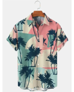 Men's 50's Vintage Casual Hawaiian Shirts Palm Tree Seersucker Wrinkle Free Tops