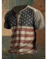Men'sVintage American Flag Print Henley Collar T-Shirt