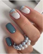 Marketplace  Transform Your Nails with 24pcs Short Square Turquoise Ombre Glitter Marble Print Fake Nail & 1sheet Tape & 1pc Nail File