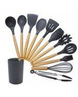kn020 11 in 1 Wooden Handle Silicone Non-stick Spatula Spoon Kitchen Tool + Bucket Set
