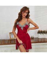 Women's pajamas spring and summer new European and American ice silk sexy charming nightdress red lace suspenders women's home clothes