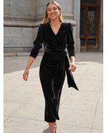 Elegant long sleeve evening gown velvet skirt