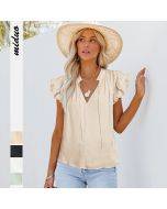 GMD 2023 Summer hot sale New V Collar lace-up flounce sleeve casual fashion women's clothing satin