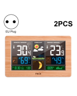 2 PCS FUJU Wood Grain Weather Station Digital Clock Alarm Thermometer Hygrometer(EU Plug Yellow)