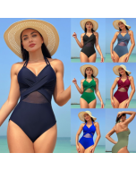 2024 new Europe and the United States one-piece swimming costume female solid colour mesh bikini swimsuit