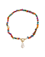 Bohemian Multicolored Natural Stone Necklace, Model: N2105-9 with Colored Stone and Pearl Pendant