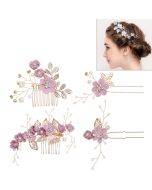 Fashionable flower hair comb, hair accessories, ball, bride, wedding hair accessories, golden leaf hair accessories, hair clips (purple four piece set)