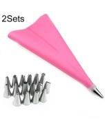 2 Sets Reusable Silicone Pastry Bag Cake Decorating Tools with 16 Nozzles Tips(Pink)