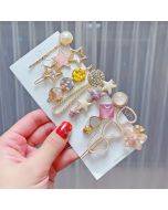 8-piece set - Cherry Blossom Powder Alloy Colorful Hair Card Headpiece Pearl Water Diamond Clip Set