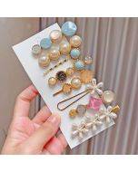 8PCS/Set Blue Alloy Colorful Hairpin Headgear Pearl Rhinestone Clip Set