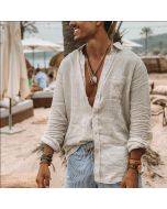 Men's solid color cotton linen loose casual long sleeve beach shirt