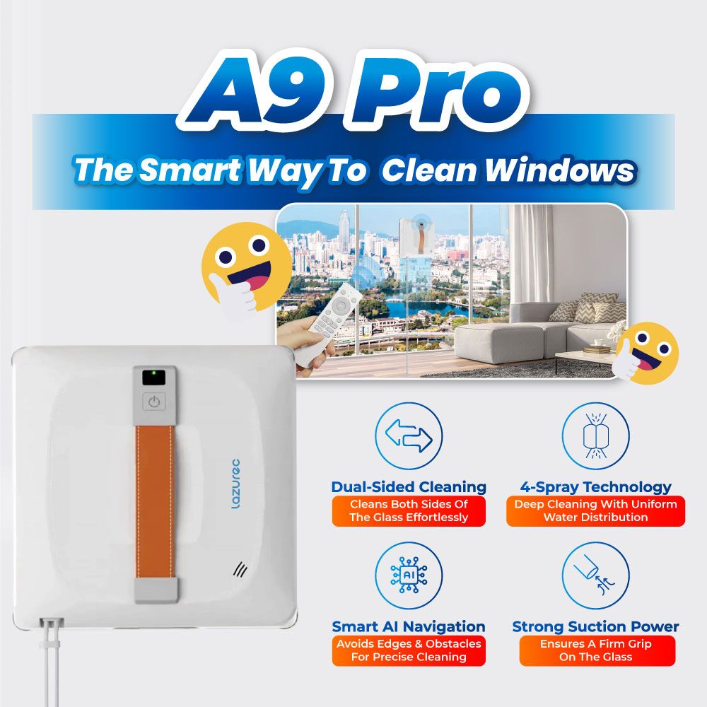 Lazurec A9 Pro Window Cleaning Robot 3800Pa Suction 4 Way Spray 60ml Water Tank Smart Navigation Slim Design for Glass Windows