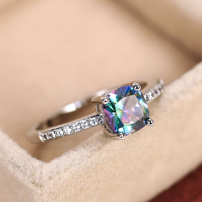  Micro-set zirconia treasure blue square diamond ring female European and American simple engagement ring
