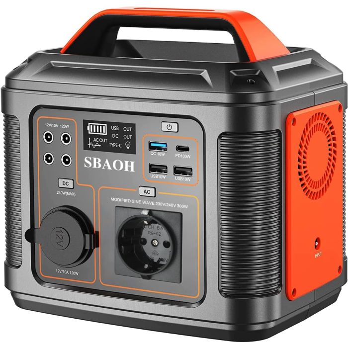 Portable power station 300W, SBAOH 296Wh generator quick charge 230V AC sockets/DC ports and LED flashlight, mobile power generator for travel/camping/outdoors