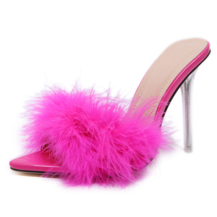 Barbie Fashion Trend Style Women's Shoes Feather High Heels Pointed Toe Fine Heeled Sandals Slippers