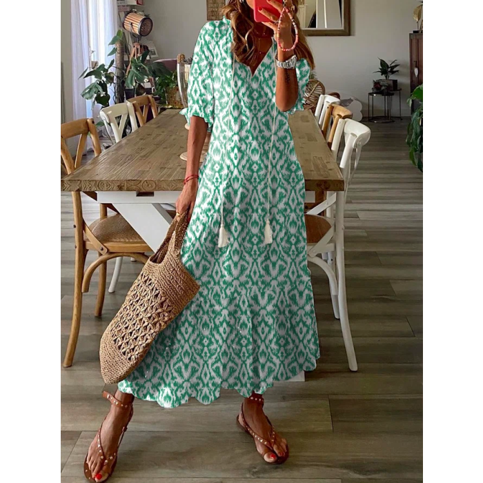 Floral V Neck Women's Maxi Dress with Half Sleeves