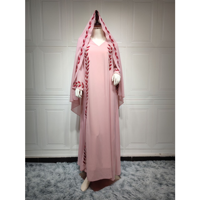 AB216 Middle East fashion street summer chiffon long Muslim embroidered pink round neck dress with hijab