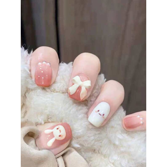 Transform Your Nails with 24pcs Short Square Cartoon Pink Gradient Flower Rabbit Pattern 3D Bow Decor Fake Nail & 1pc Nail File & 1sheet Tape