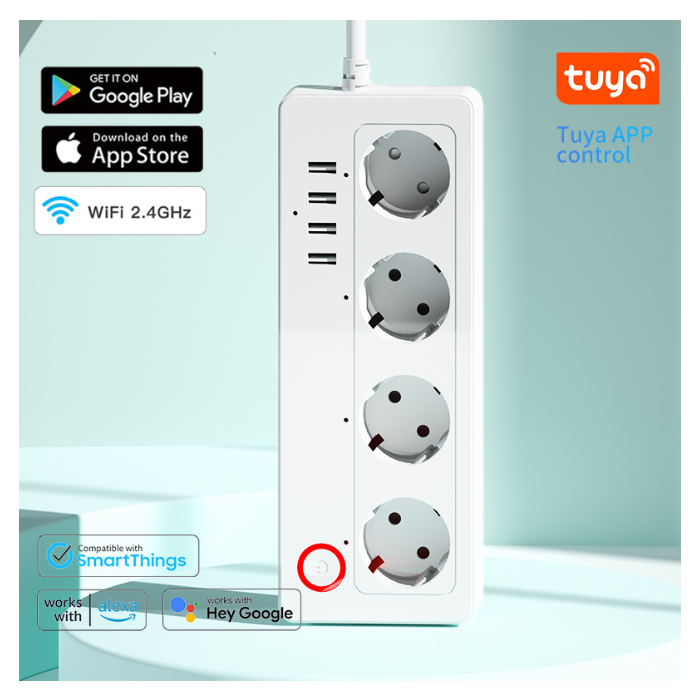 Tuya European Standard RH-EU411-4U-WIFI Doodle Smart Row Plug German Standard WIFI Power Board Surge Protector ZIGBEE Home Switch Row Socket