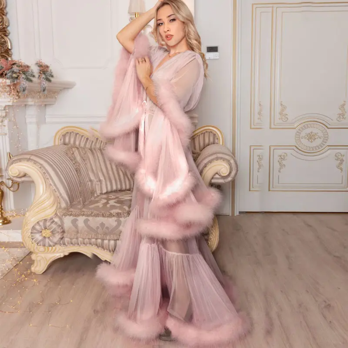 Marabou Feather Dressing Gown Boudoir feather robe Long Luxury Burlesque wear Sexy Lingerie Valentine's gift Transparent Dress