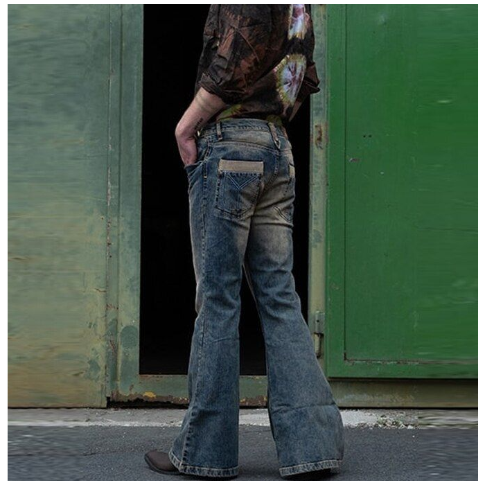 Men Flared Jeans Bootcut Leg Pants Distressed Patchwork Jeans New Designer Punk Stlye Bell Bottom Denim Trousers Vaqueros Hombre